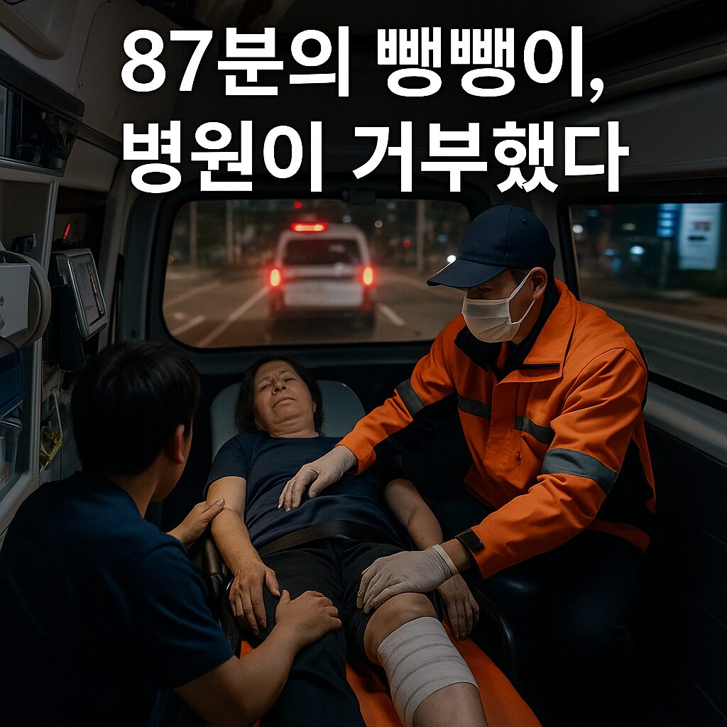 창원 60대 응급실 뺑뺑이 사망… 병원은 왜 환자를 받지 않았을까? 1 밤 도심 속에서 응급환자를 태운 구급차가 여러 병원을 찾아다니는 긴박한 장면. 응급실 불빛이 보이지만 환자를 받아주지 않아 구급차가 이동 중인 모습을 사실적으로 표현한 사진.