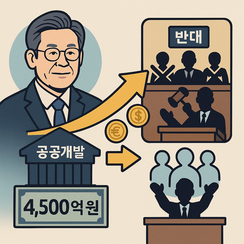 대장동 사건 핵심 정리|1심 판결·민간 폭리·공공개발 논란 총정리 2 이재명 시장의 공공개발 추진과 성남시의회의 지방채 거부를 설명하는 일러스트. 공공개발 4,500억, 시민 환수, 의회의 반대 장면을 상징적으로 표현한 그림.