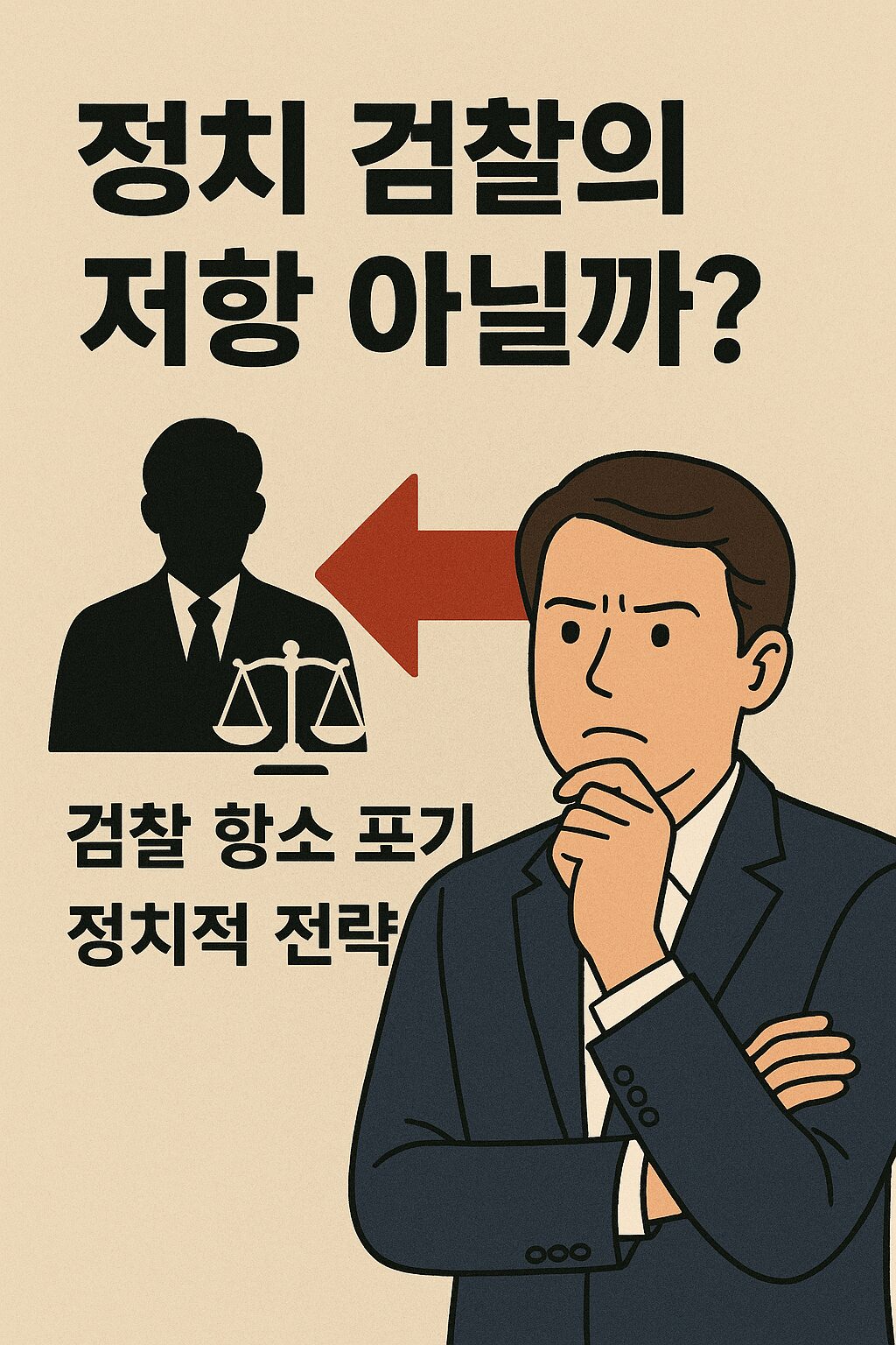 대장동 쉽게 정리|대장동 1심 판결|검찰 항소 포기 이유|환수는? 4 검찰의 항소 포기 결정에 대해 정치적 의도가 있었는지 의문을 제기하는 일러스트. 고민하는 인물과 검찰을 상징하는 실루엣, 정의의 저울 아이콘이 함께 표현된 그림.