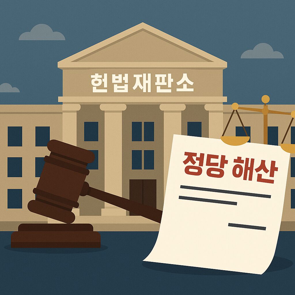 헌법재판소 정당 해산 결정을 상징적으로 표현한 일러스트. 헌법재판소 건물과 법봉, 헌법책, 그리고 균열이 생긴 정당 로고 실루엣이 배경에 배치되어 있다.