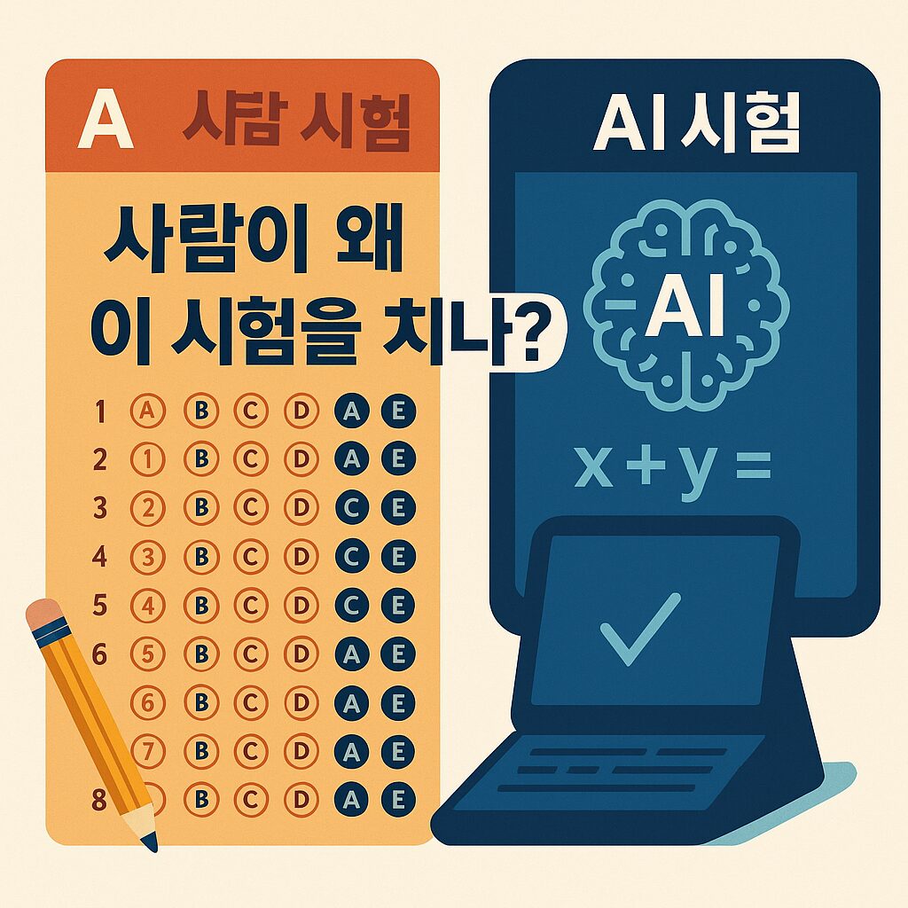 “OMR 카드와 AI 디스플레이가 대비된 형태의 시험 무의미함을 상징하는 이미지”