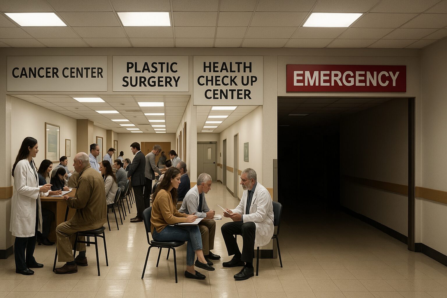 창원 60대 응급실 뺑뺑이 사망… 병원은 왜 환자를 받지 않았을까? 2 한 병원 안에서 성형외과와 건강검진센터는 환자들로 붐비는 반면, 응급실과 소아병동은 비어 있거나 의료진이 부족한 모습을 사실적으로 표현한 사진.