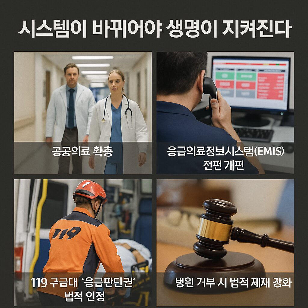 창원 60대 응급실 뺑뺑이 사망… 병원은 왜 환자를 받지 않았을까? 3 AI 병상정보 시스템을 활용해 환자를 신속히 이송하는 구급대원과, 공공의료 확충 및 응급의료법 개정을 논의하는 정부 관계자와 의료진의 모습을 담은 현실적인 사진.