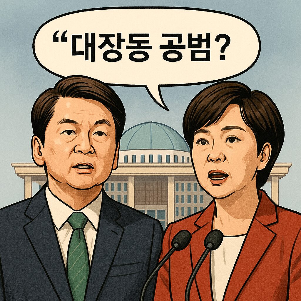 안철수 의원과 김은혜 의원이 국회 앞에서 대장동 공범 발언과 관련해 입장을 밝히는 장면을 표현한 일러스트