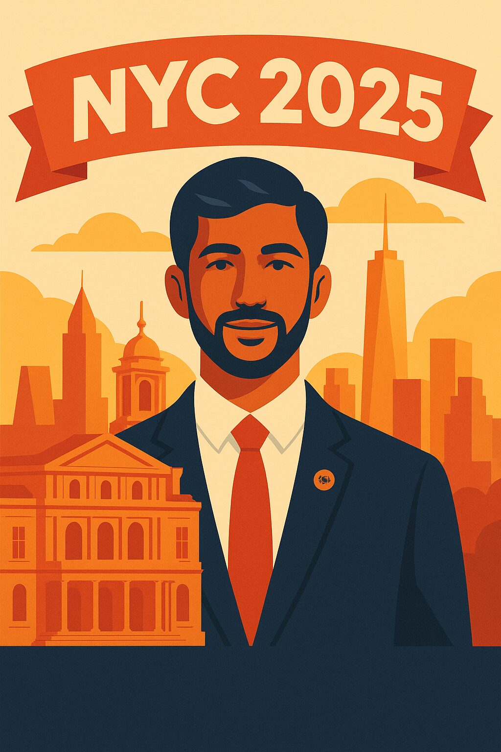 Illustration symbolizing Zohran Mamdani's NYC mayoral election and progressive city policy direction