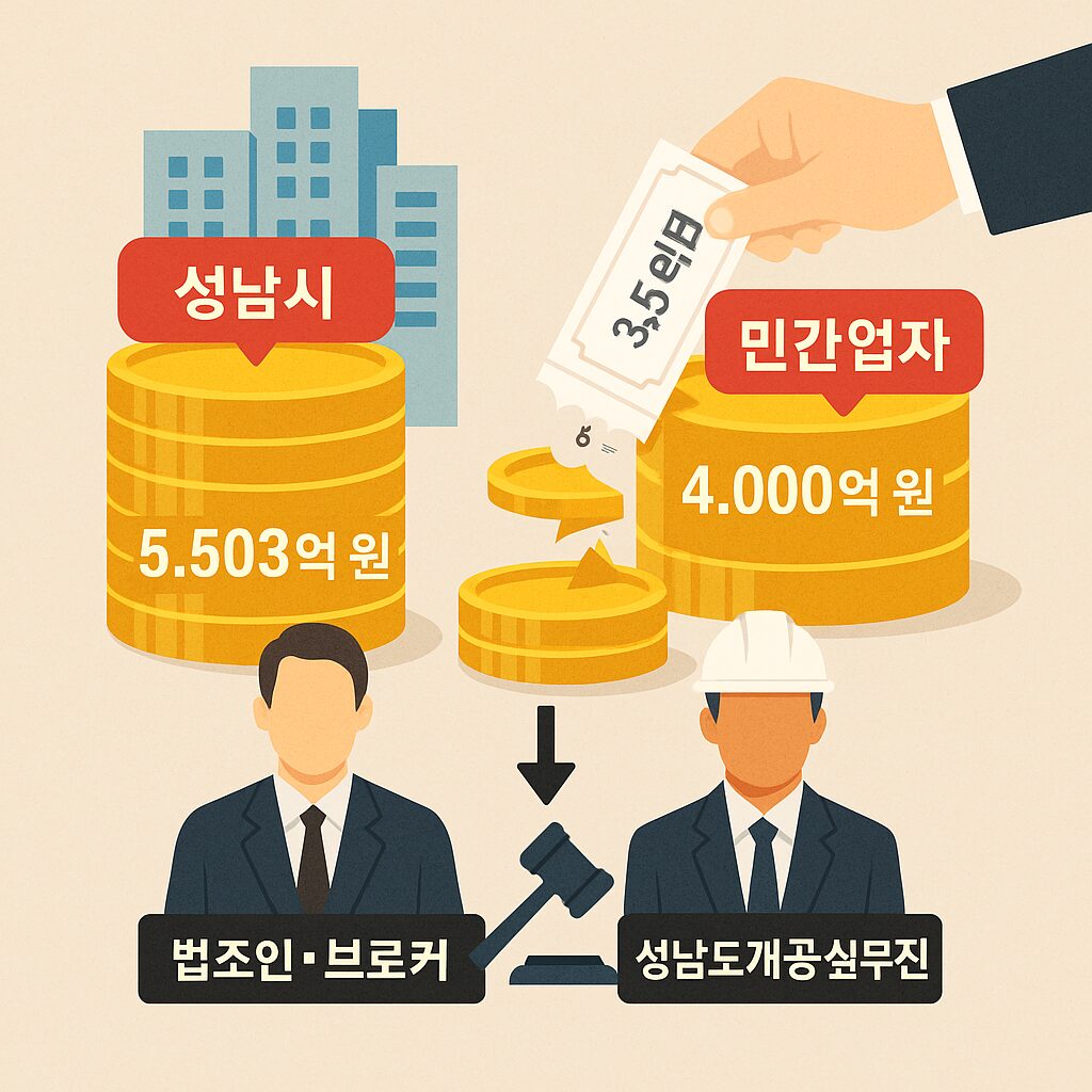 대장동 사건 핵심 정리|1심 판결·민간 폭리·공공개발 논란 총정리 3 대장동 개발이익 배분 구조를 설명하는 일러스트. 성남시 5,503억 원 환수, 민간업자 4천억 원 배당, 3억 5천만 원 투자 대비 폭리, 그리고 법조인·브로커·실무진 정황을 상징적으로 표현한 그래픽.
