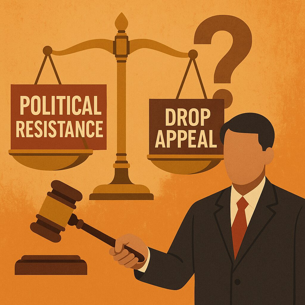 대장동 쉽게 정리|대장동 1심 판결|검찰 항소 포기 이유|환수는? 3 검찰의 항소 포기 배경을 둘러싼 논란을 표현한 일러스트. 정의의 저울과 검사가 등장하고, 항소 포기 결정에 대한 의문이 제기되는 모습.