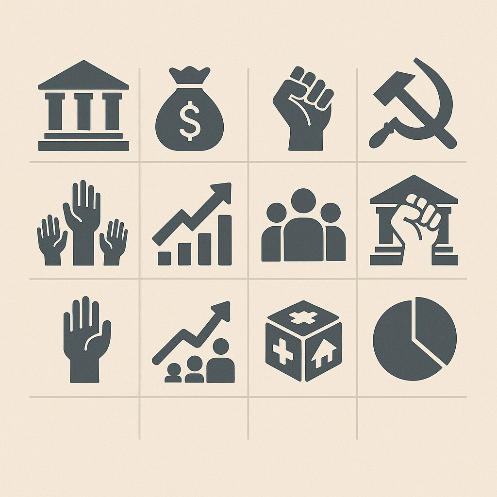 민주주의 자본주의 사회주의 공산주의 민주사회주의를 상징하는 아이콘 비교 이미지