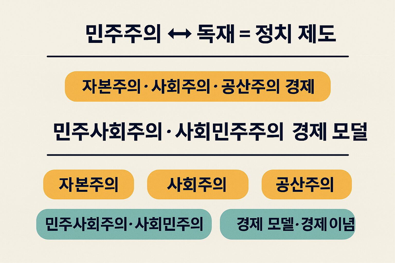 정치 체제와 경제 체제 구분 이미지, 민주주의·독재·자본주의·사회주의·공산주의 차이 요약 인포그래픽