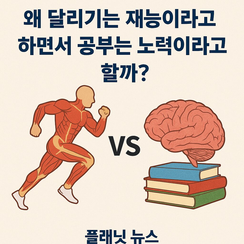 “달리기의 근육과 공부하는 뇌를 비교한 일러스트. 왼쪽에는 근육질의 달리기 선수, 오른쪽에는 책 위에 놓인 뇌 그림이 있고 중앙에는 ‘VS’ 문구가 있는 카드뉴스 디자인. 상단에는 ‘왜 달리기는 재능이라고 하면서 공부는 노력이라고 할까?’라는 문구가 쓰여 있다.”