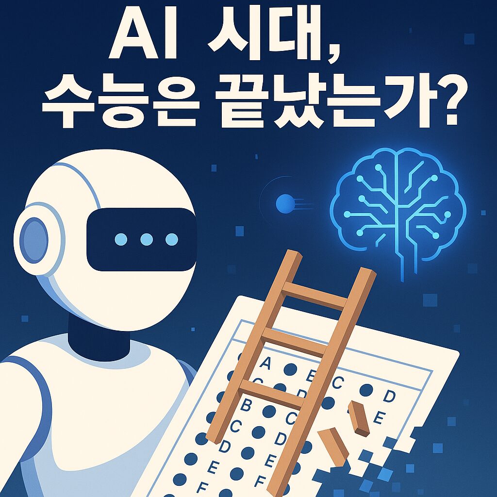 “AI 시대와 수능 변화, 사회 사다리 붕괴를 상징하는 디지털 일러스트 이미지”