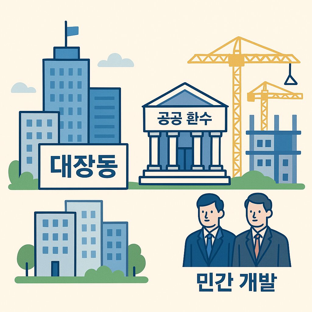 대장동 쉽게 정리|대장동 1심 판결|검찰 항소 포기 이유|환수는? 1 대장동 개발 구조를 설명하는 일러스트. 공공 환수와 민간 개발 간의 이익 배분 구조를 시각적으로 표현한 이미지.