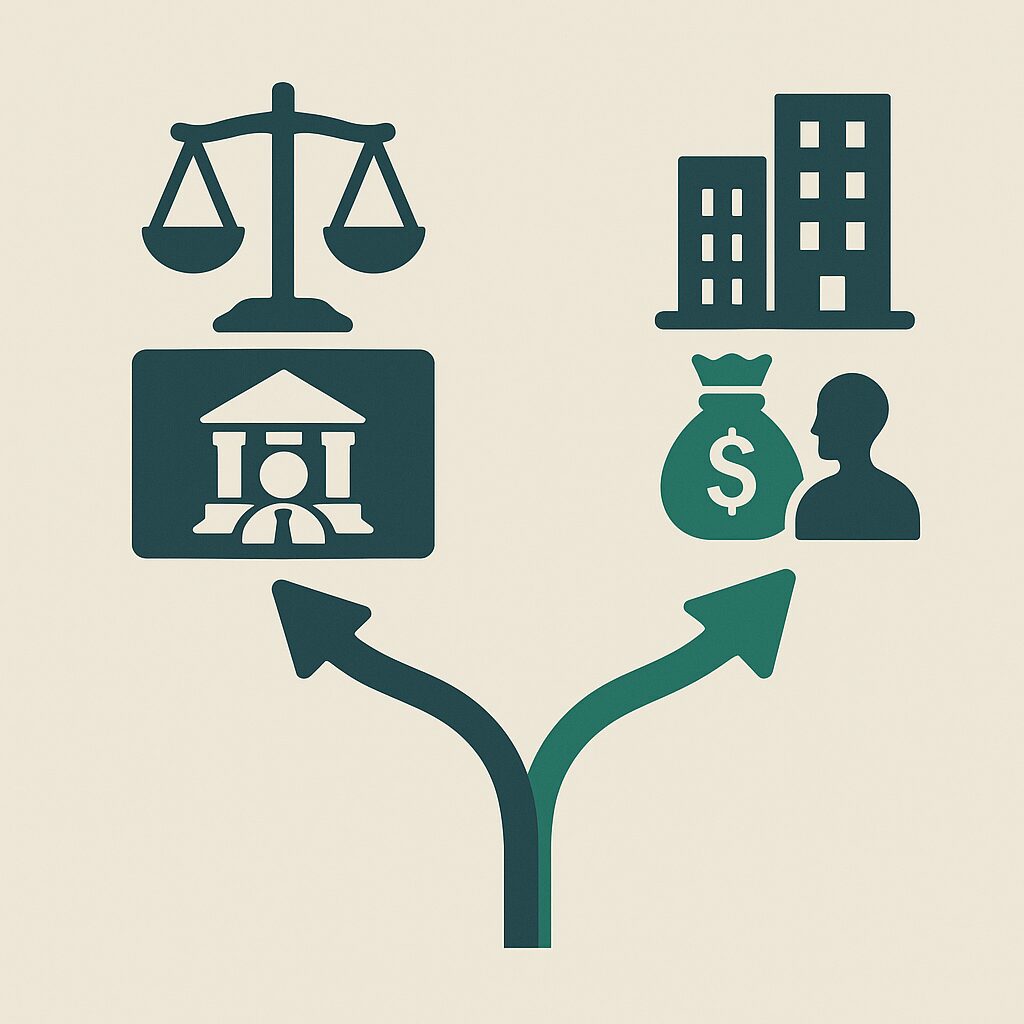 대장동 쉽게 정리|대장동 1심 판결|검찰 항소 포기 이유|환수는? 5 형사재판 절차와 개발이익 환수 소송이 서로 다른 방향으로 진행됨을 상징적으로 표현한 일러스트. 법원과 저울 아이콘, 건물과 돈 자루 아이콘이 양 갈래로 나뉘어 배치된 그림.