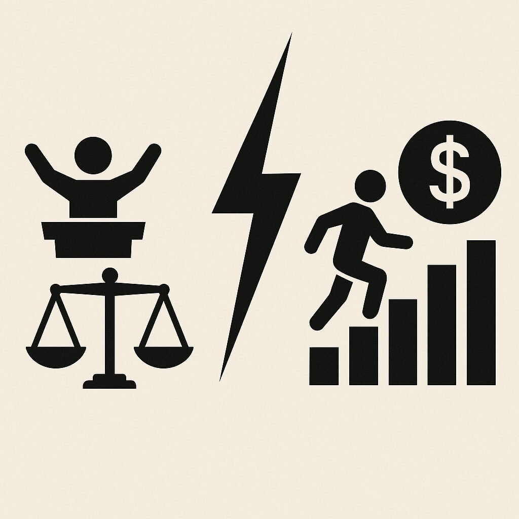 민주주의와 자본주의의 가치 충돌을 상징하는 아이콘 이미지, 평등과 자유의 대비, 경제적 격차 시각화