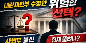 내란재판부 수정안을 둘러싼 논란을 상징적으로 표현한 이미지, 법원 건물과 저울, 물음표를 통해 사법부 불신과 민주당 지도부의 선택에 대한 의문을 시각화