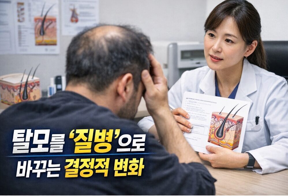 A doctor explains a scalp and hair follicle diagram to a male patient, representing a shift in understanding hair loss as a medical condition.