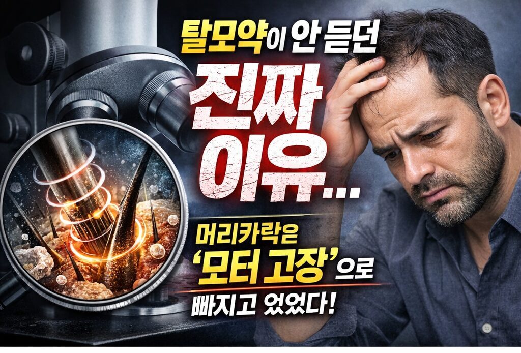 A man with thinning hair looks worried while a microscope magnifies hair follicles, illustrating research that hair loss may be caused by a “motor-like” growth mechanism failure.