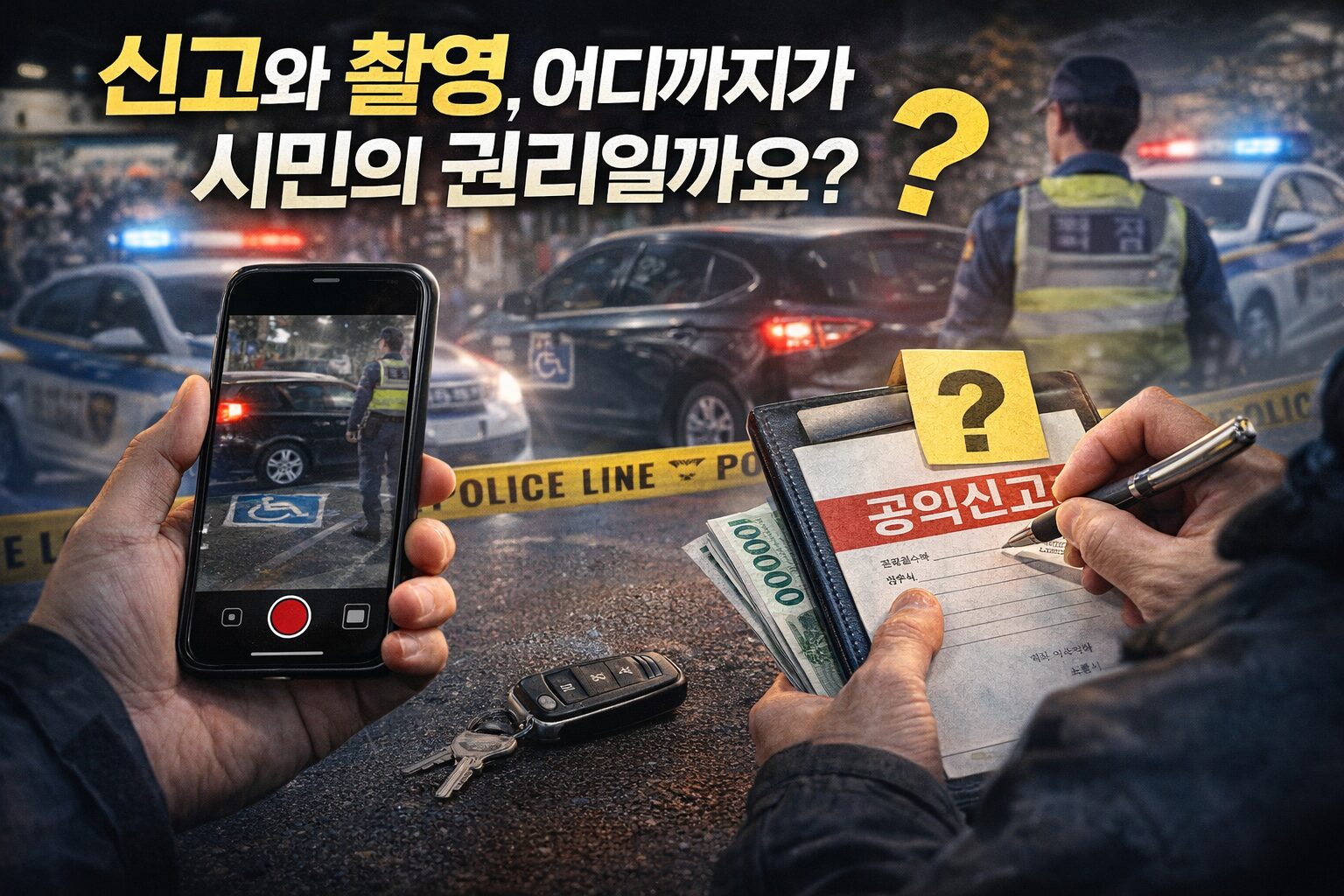 시민이 스마트폰으로 장애인 주차구역 불법주차 차량을 촬영하고, 옆에서 공익신고서를 작성하는 장면을 표현한 뉴스형 일러스트 이미지
