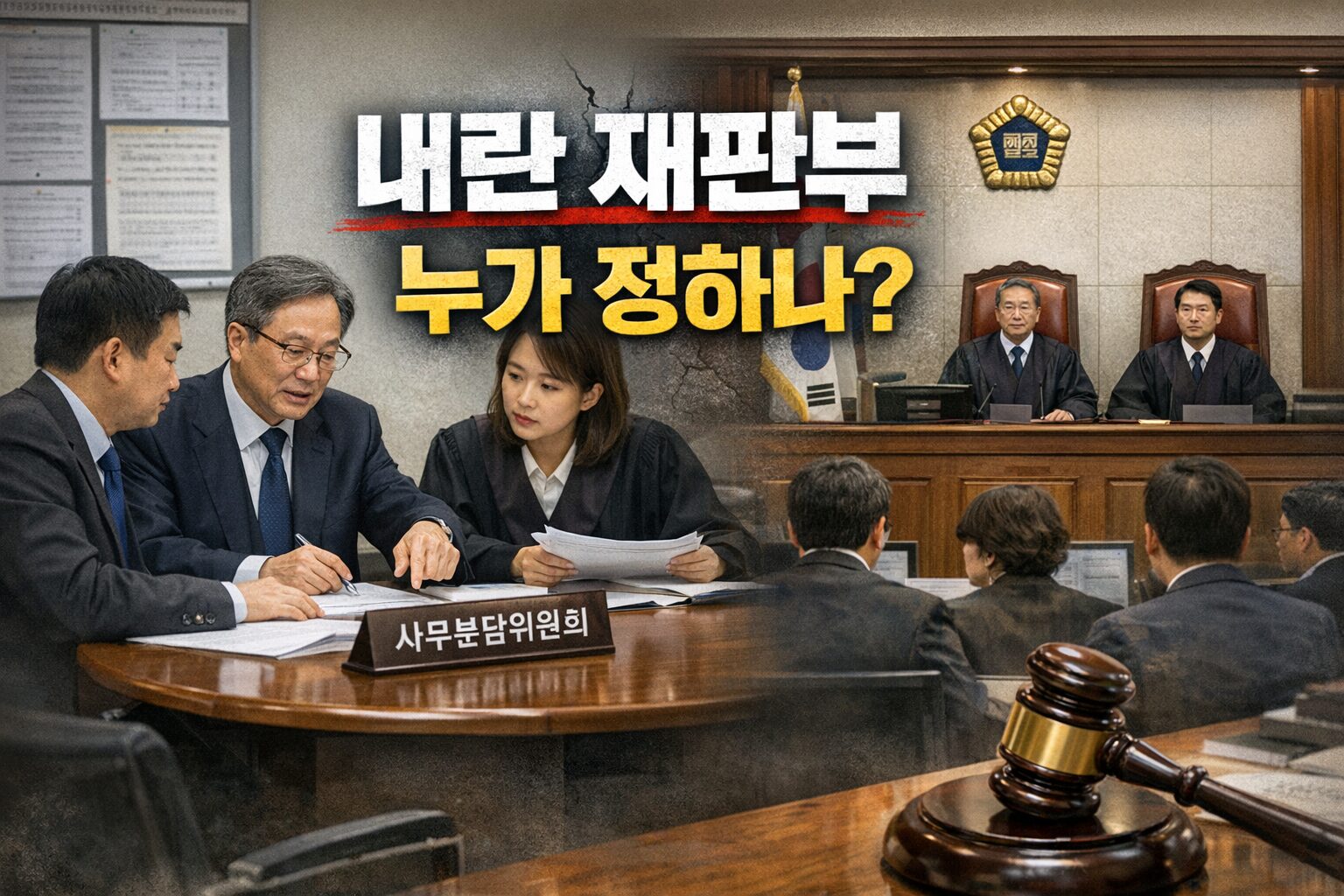 Illustration showing South Korean judges discussing the formation of a sedition trial division through an internal court committee
