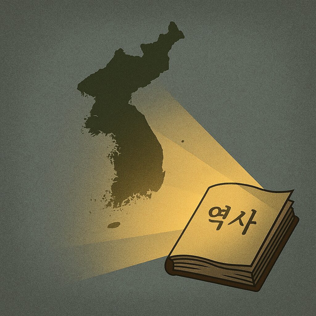 "빛이 대한민국 지도 위로 비추고, 옆에서 역사책이 펼쳐져 있는 일러스트 이미지”