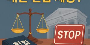 법의 저울과 서류가 놓인 책상을 중심으로 한 법·사법을 상징하는 2D 일러스트