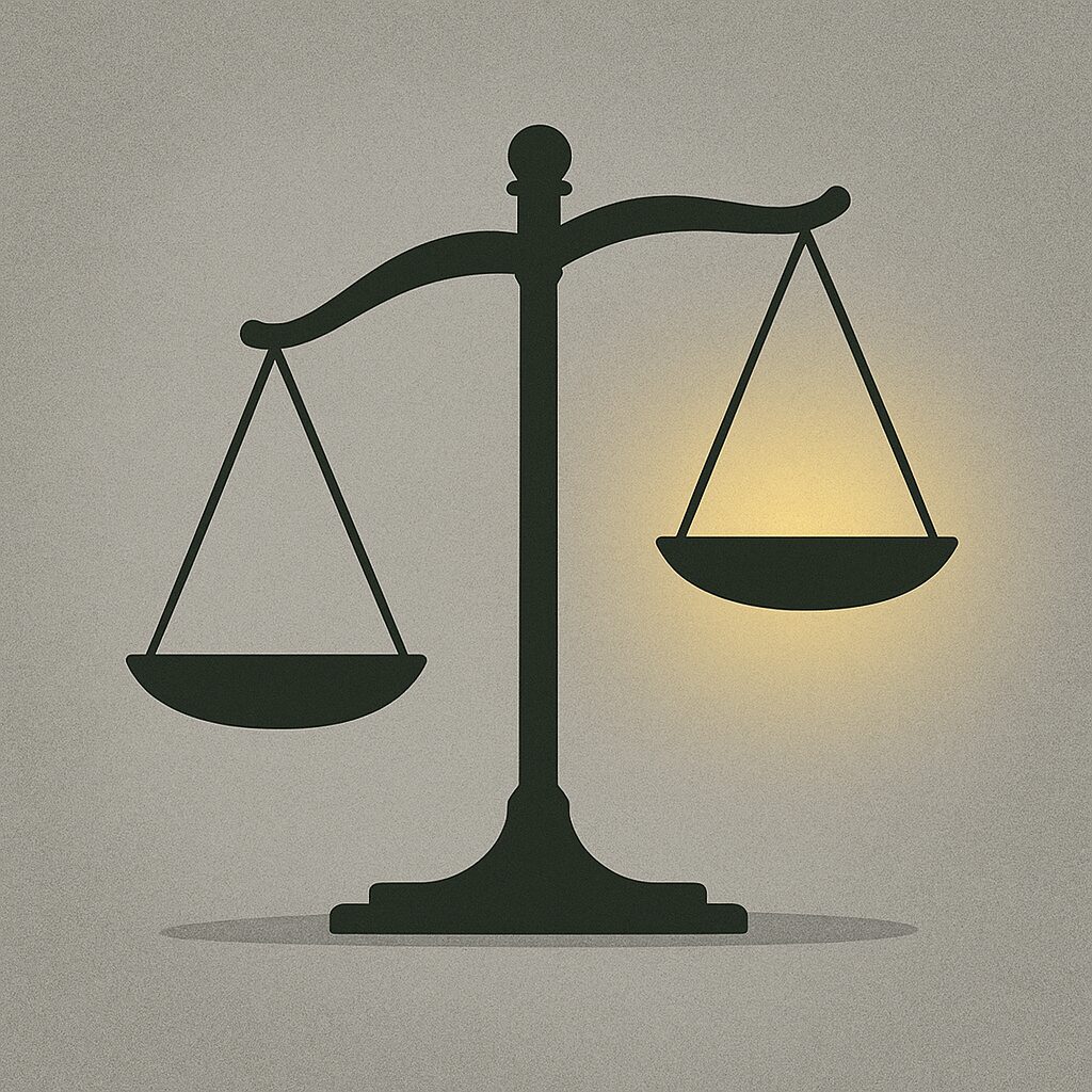 법원의 영장 기각 판단을 상징적으로 나타낸 저울 일러스트