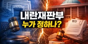 내란재판부를 둘러싼 사법부와 국회의 권한 충돌을 상징적으로 표현한 이미지