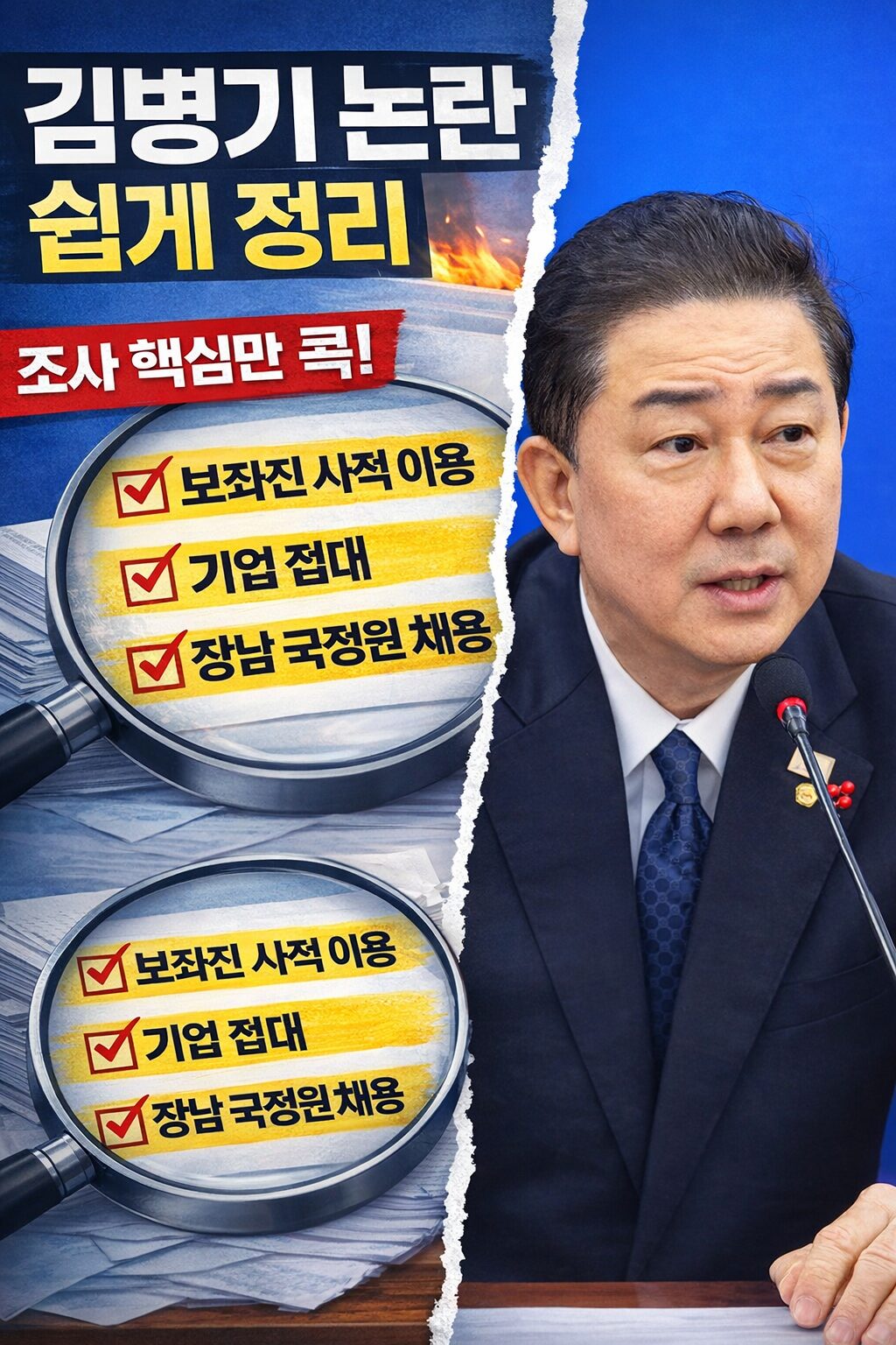 김병기 의원을 둘러싼 보좌진 사적 이용, 기업 접대, 장남 국정원 채용 의혹을 정리한 시사 뉴스 썸네일 이미지