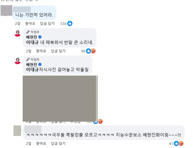 배현진 페이스북 아이 사진 논란 정리|이혜훈 비판 글 이후 무슨 일이 있었나 3 배현진 의원 페이스북 게시물과 댓글 캡처 화면. 미성년자 및 일반인 보호를 위해 사진과 이름은 비공개 처리됨