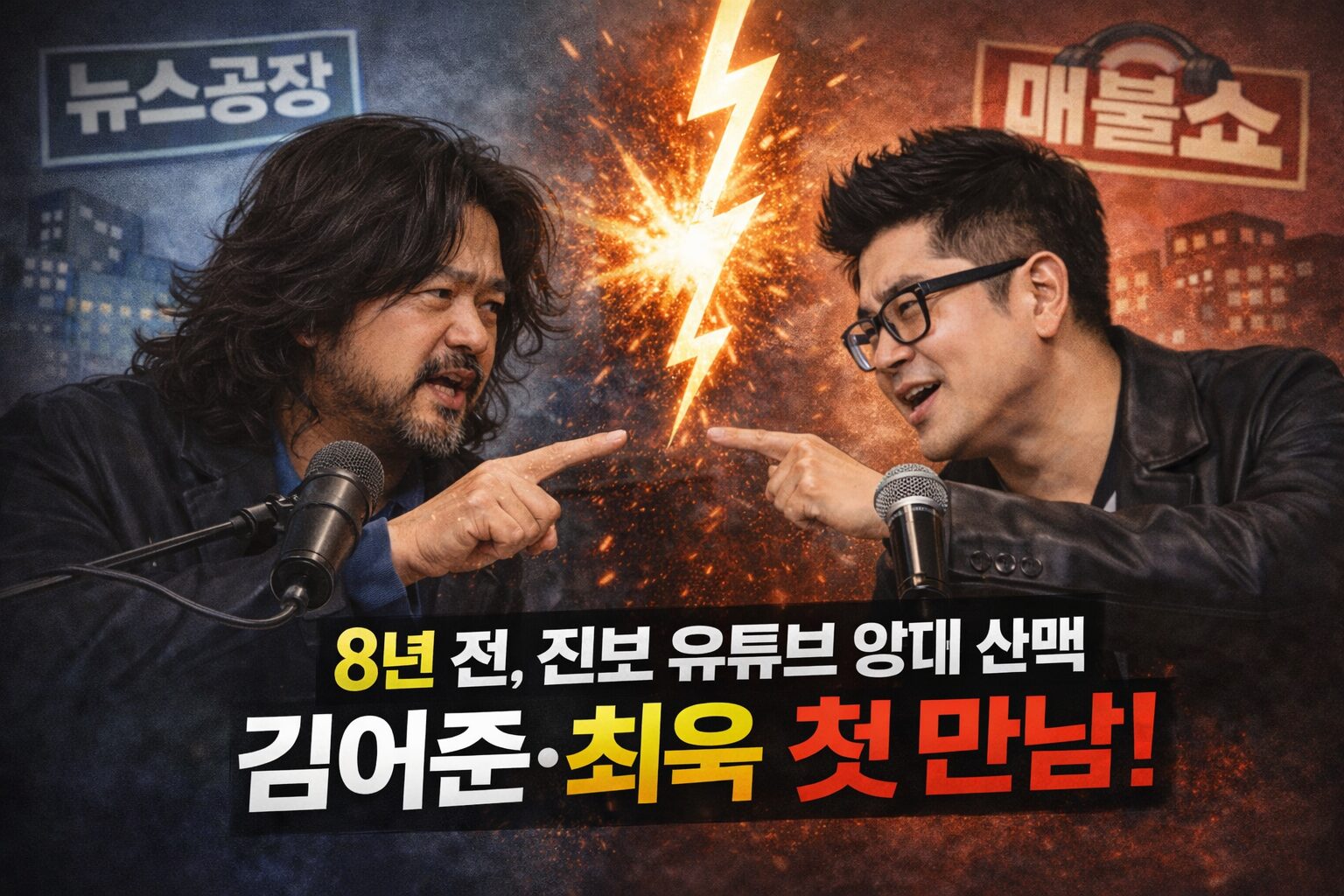 8년 전 김어준과 최욱이 유튜브 방송에서 처음 조우했던 모습을 표현한 AI 제작 일러스트