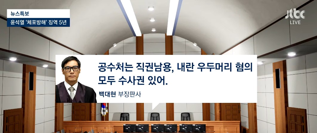 윤석열 전 대통령 1심 판결에서 공수처 수사권을 인정한 백대현 부장판사 발언을 인용한 JTBC 뉴스 화면