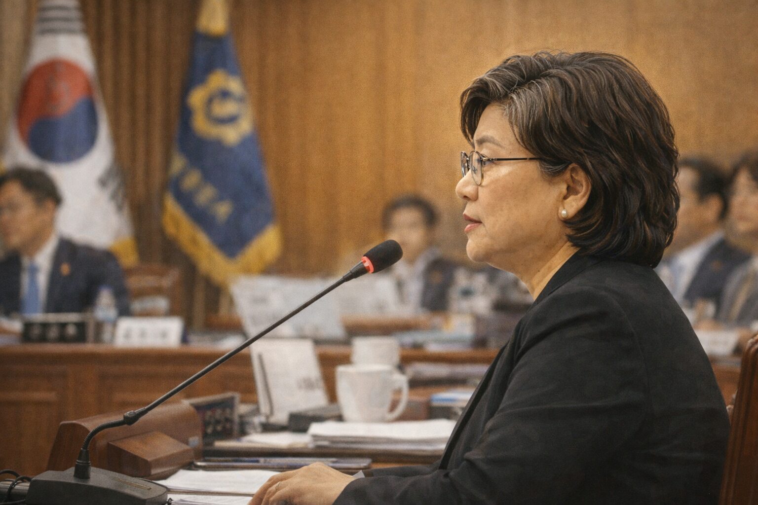 국회 인사청문회장에서 질의에 답변하는 이혜훈 기획예산처 장관 후보자 AI 일러스트