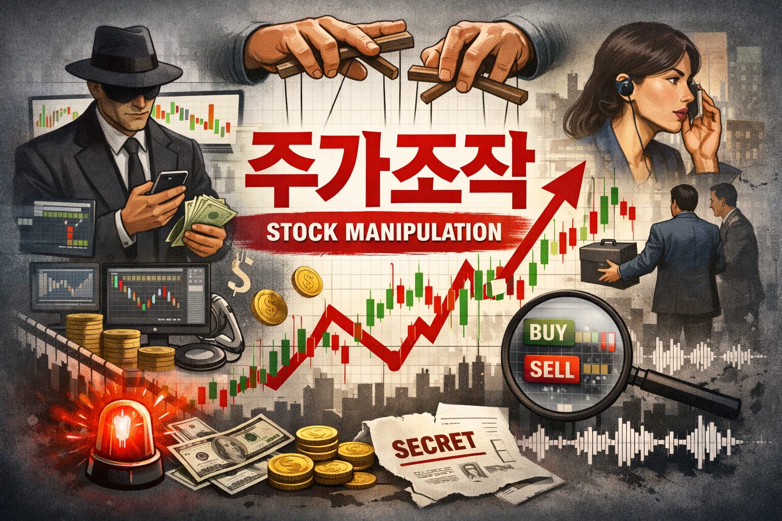 주가조작과 시세조종 구조를 상징적으로 표현한 일러스트 이미지