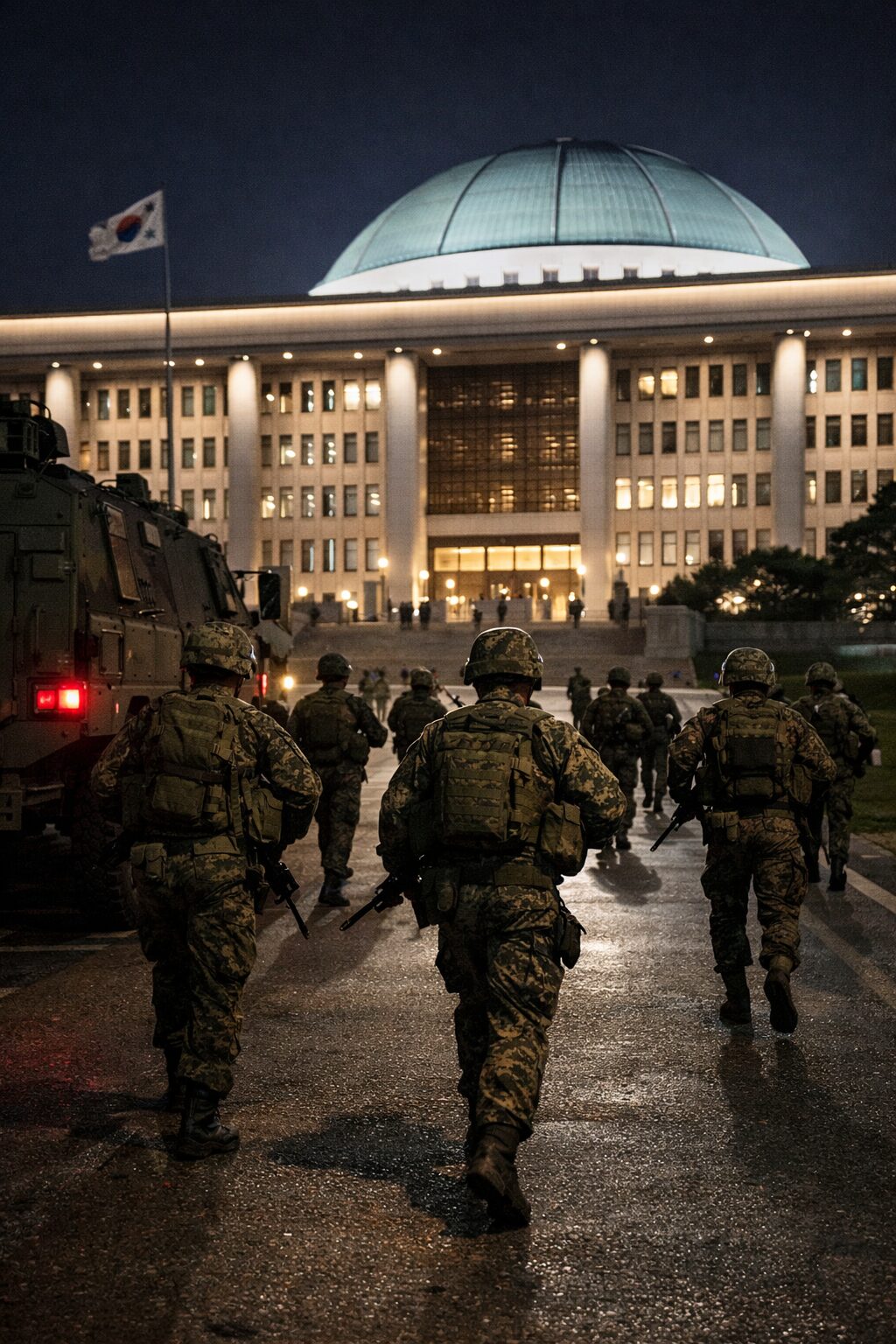 계엄 당시 국회 본관 앞에 출동한 군 병력을 표현한 이미지