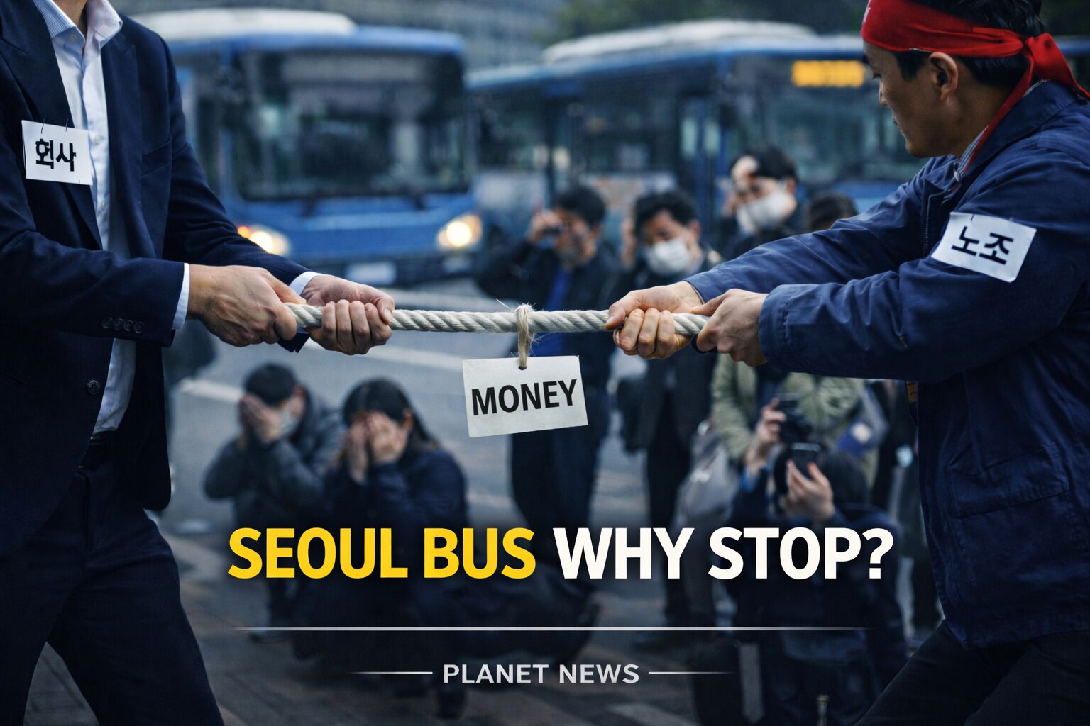 서울 시내버스 파업 이유, 또 멈춘 진짜 원인은 구조였다 1 회사 측과 노조가 임금을 두고 줄다리기를 하고 있고, 뒤쪽에는 멈춰 선 서울 시내버스와 불편해하는 시민들이 서 있는 모습