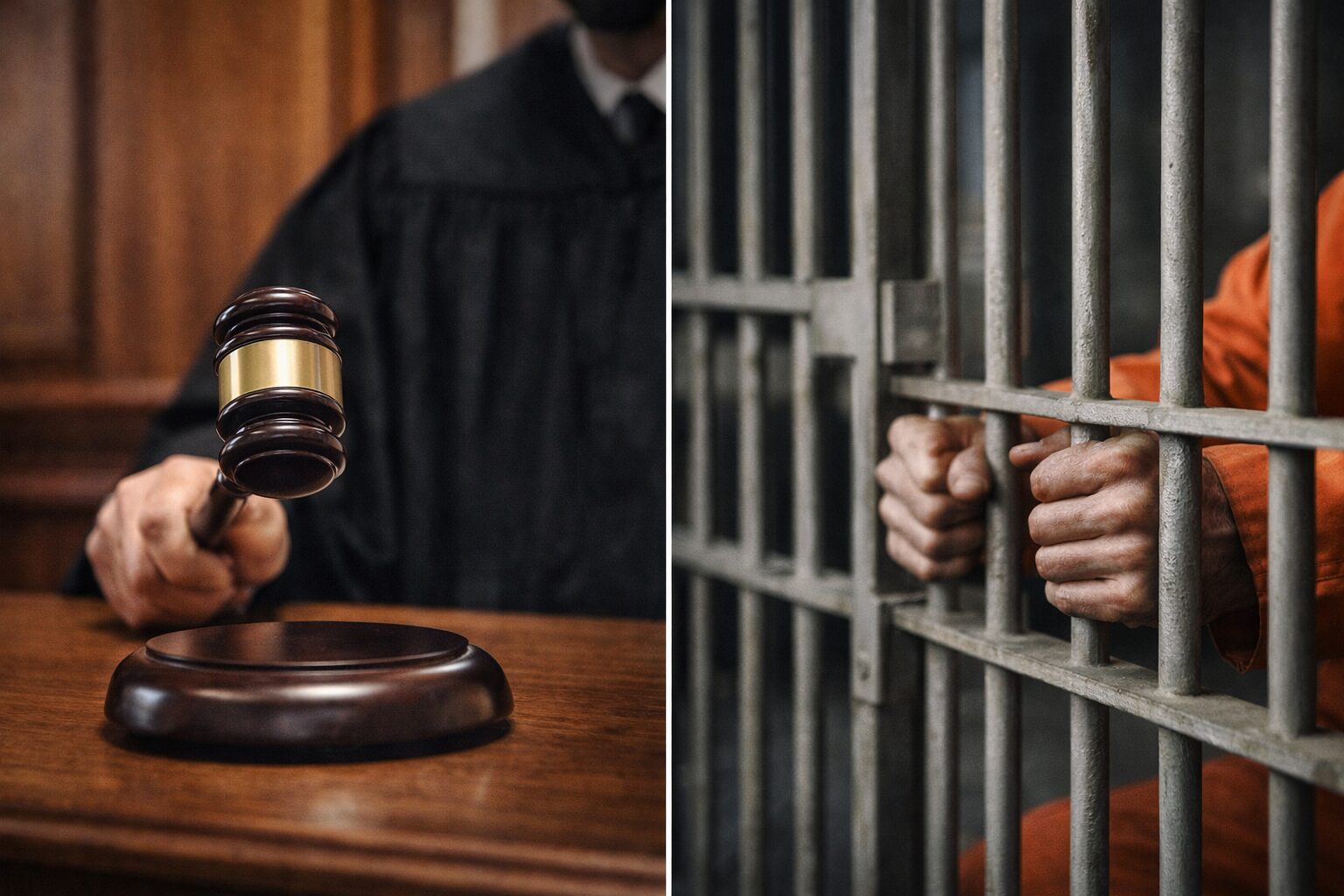 한덕수 징역 23년 선고…법원이 밝힌 내란 판결 이유 3 법봉을 쥔 판사 손과 감옥 철창을 잡은 수감자의 손을 대비한 이미지, 중형 선고를 상징