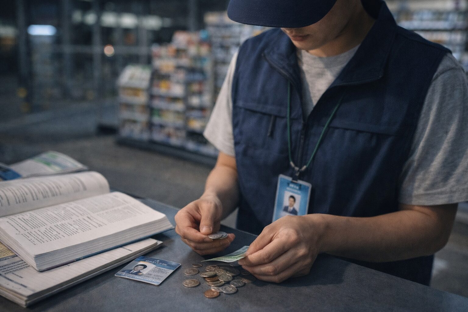 밤 늦은 편의점에서 아르바이트 중인 청년이 동전과 지폐를 세며 등록금 부담을 고민하는 모습