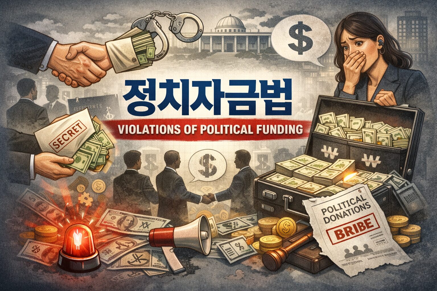 정치자금법 위반과 불법 정치자금 흐름을 표현한 일러스트