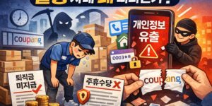 탈팡 사태 왜 떠나는가? 쿠팡 과로사 논란과 주휴수당·퇴직금 미지급, 개인정보 유출 문제를 표현한 일러스트