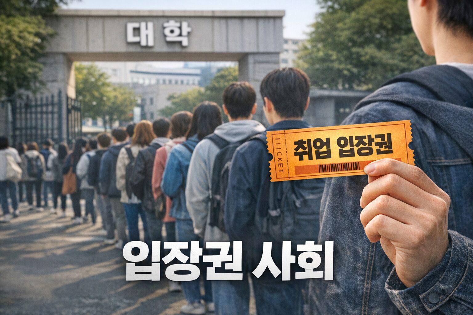 대학 정문 앞에 줄 서 있는 청년들 뒤로 한 학생이 ‘취업 입장권’이라고 적힌 티켓을 들고 있는 모습