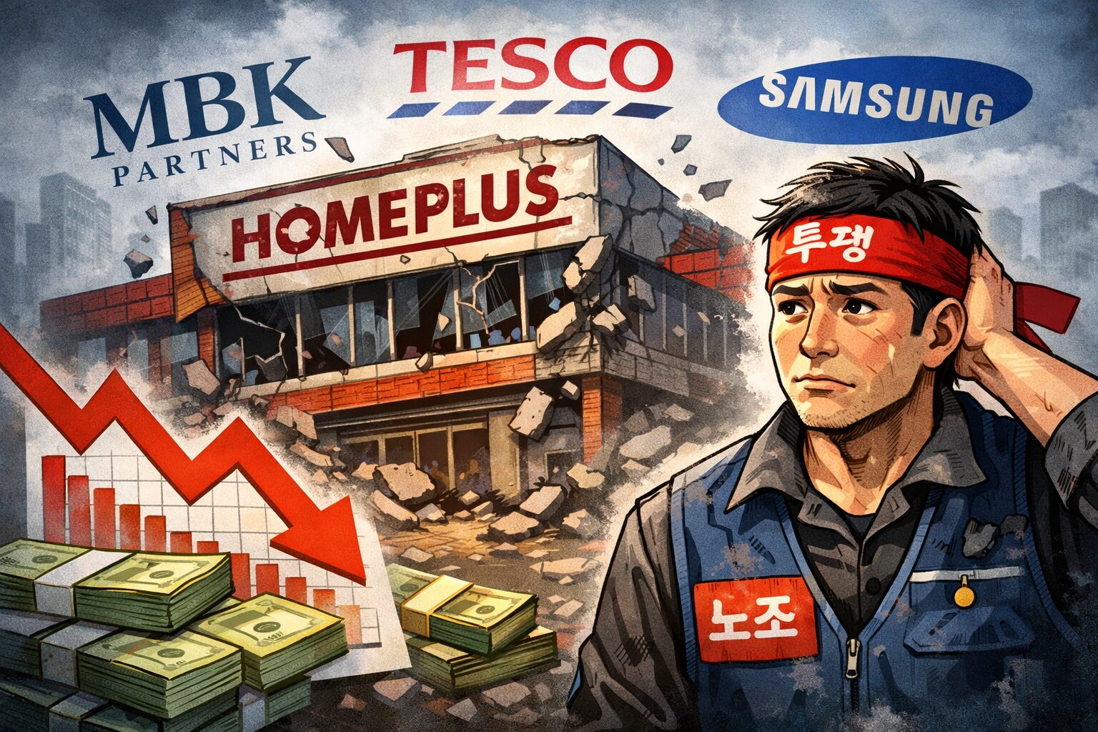 홈플러스 매장이 붕괴되는 모습과 함께 MBK·테스코·삼성 로고가 배경에 배치되고, 노조 조끼를 입은 직원이 서 있는 일러스트 이미지