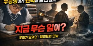 우등생 권력과 엘리트주의 문제를 다룬 뉴스 썸네일, 공부하는 학생과 검찰·법원 상징, 돈 거래 장면이 함께 표현된 이미지”