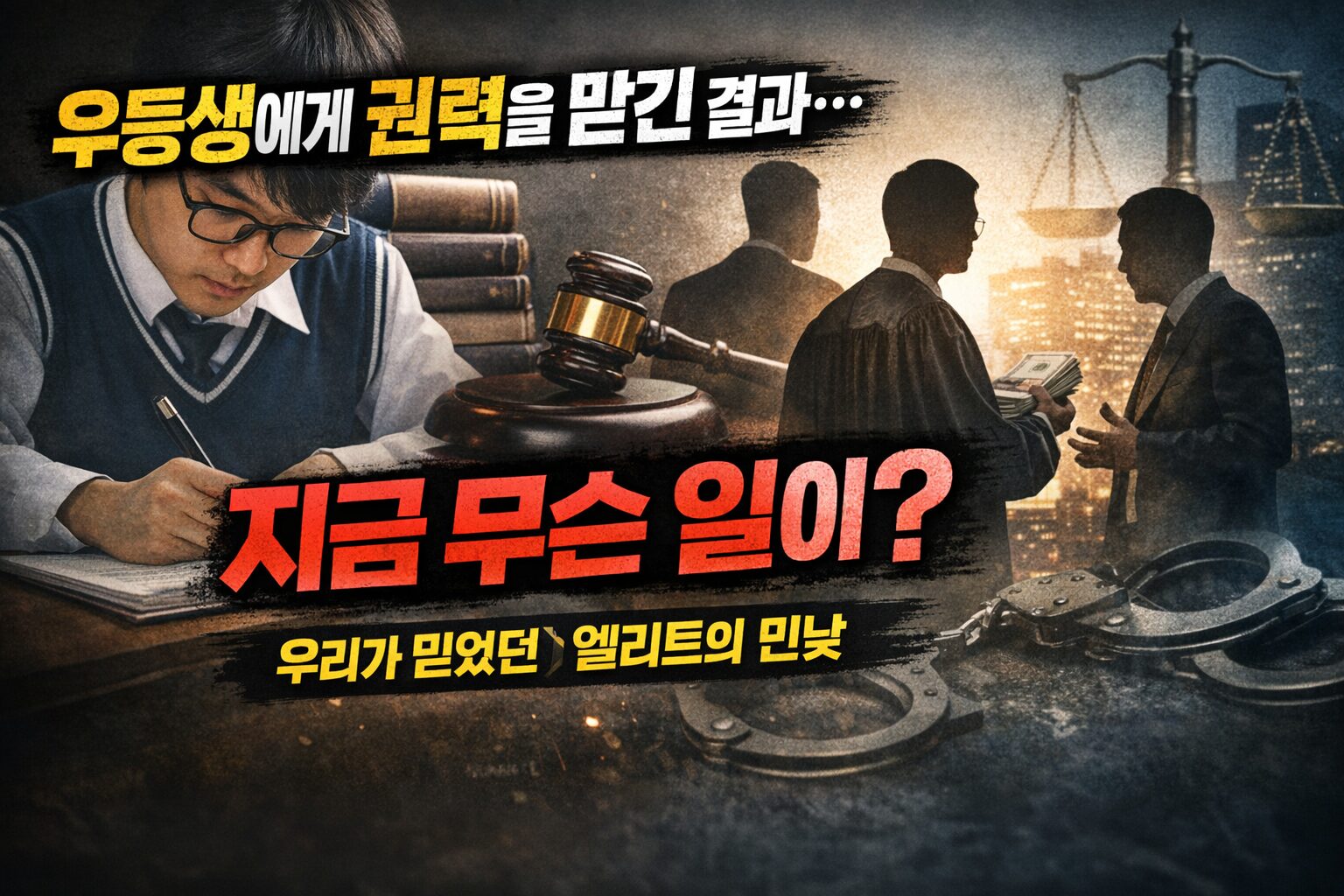우등생 권력과 엘리트주의 문제를 다룬 뉴스 썸네일, 공부하는 학생과 검찰·법원 상징, 돈 거래 장면이 함께 표현된 이미지”